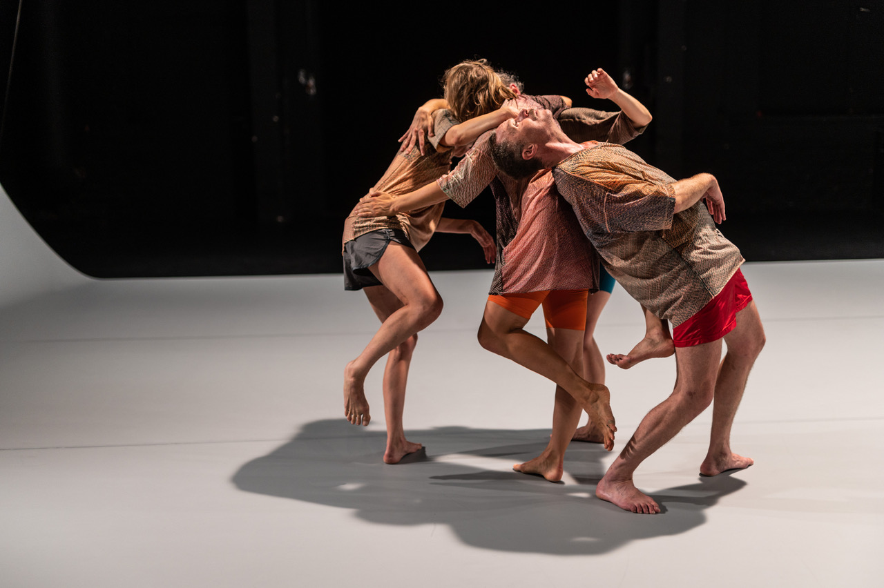 Photo du spectacle Quatuor où l'on voit les 4 danseurs dont les corps sont enchevêtrés les uns aux autres