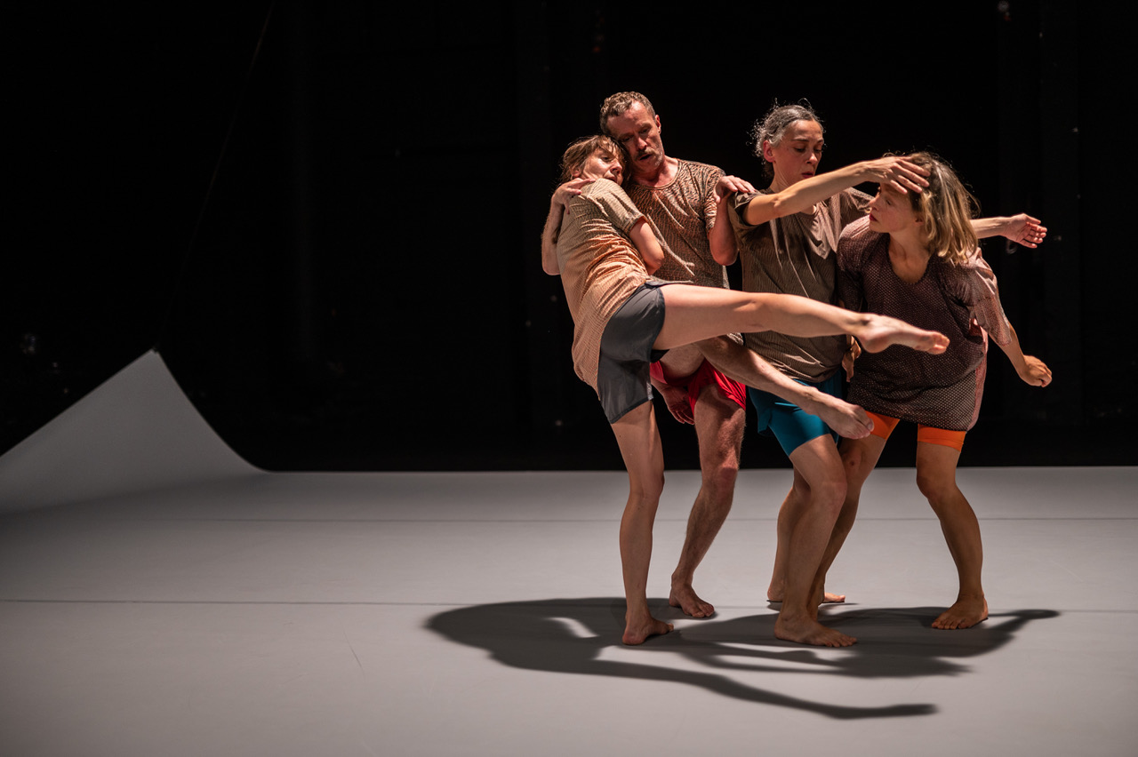 Photo du spectacle Quatuor où l'on voit les 4 danseurs dont les corps sont enchevêtrés les uns aux autres