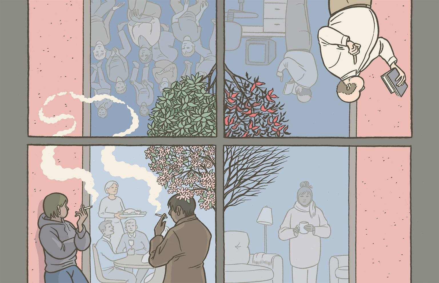 Illustration de Rebecca Rosen divisée en 4 parties (comme les 4 carreaux d"une fenêtre et les 4 saisons). Plusieurs personnages occupent ces espaces (derrière ou devant la vitre), des personnes isolées ou en groupe, qui fument, lisent, boivent un thé, se replient sur elles-mêmes.