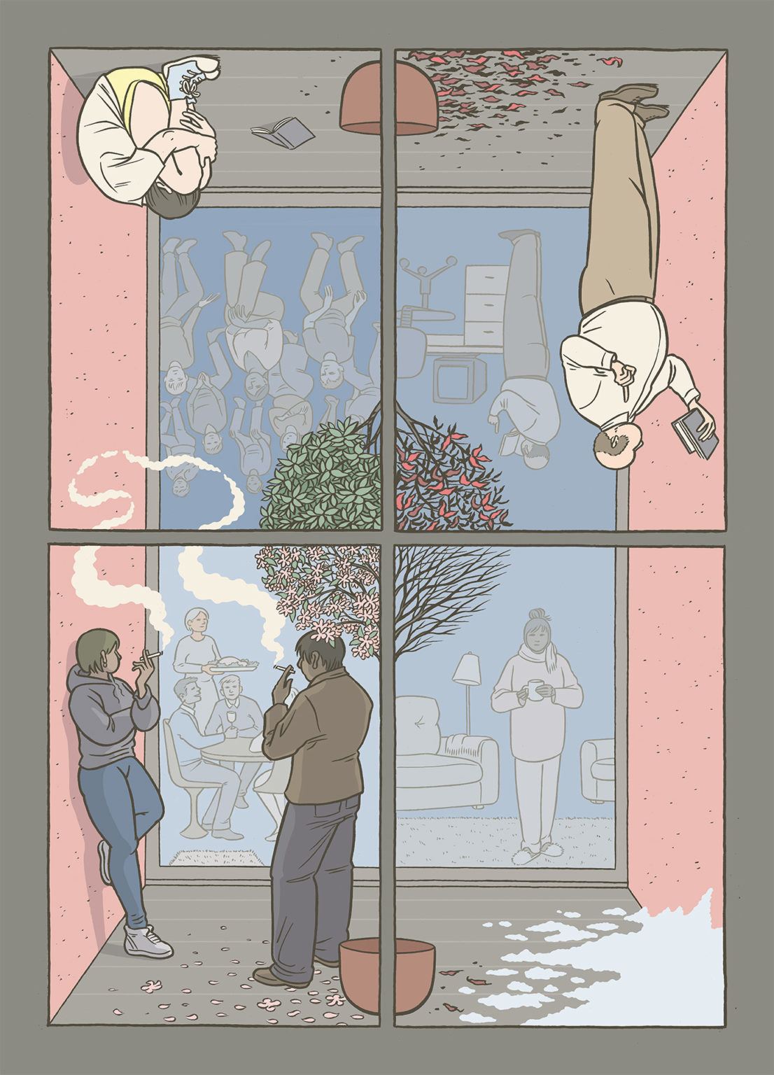 Illustration de Rebecca Rosen divisée en 4 parties (comme les 4 carreaux d"une fenêtre et les 4 saisons). Plusieurs personnages occupent ces espaces (derrière ou devant la vitre), des personnes isolées ou en groupe, qui fument, lisent, boivent un thé, se replient sur elles-mêmes.