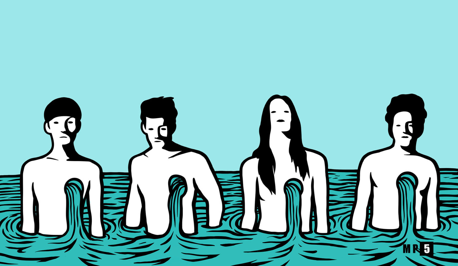 Tableau de MP5 qui s'appelle EVERYDROP et qui présente 4 personnes dans l'eau jusqu'à la taille. De l'eau sort et coule de leur poitrine. Les couleurs de l'illustration sont bleu, noir et blanc. mpcinque.com