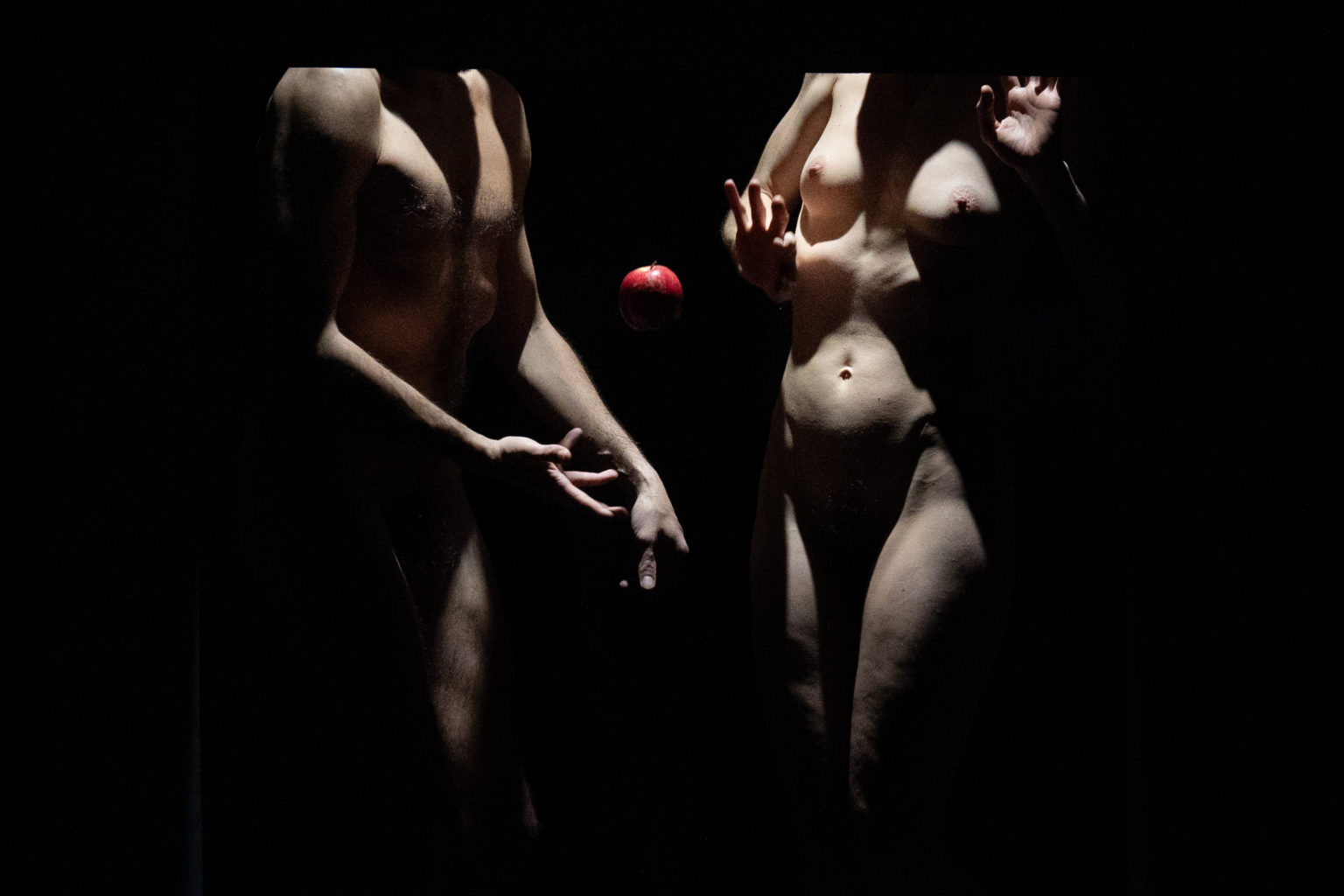 Deux danseurs sont nus et représentent Adam et Eve avec leur pomme.