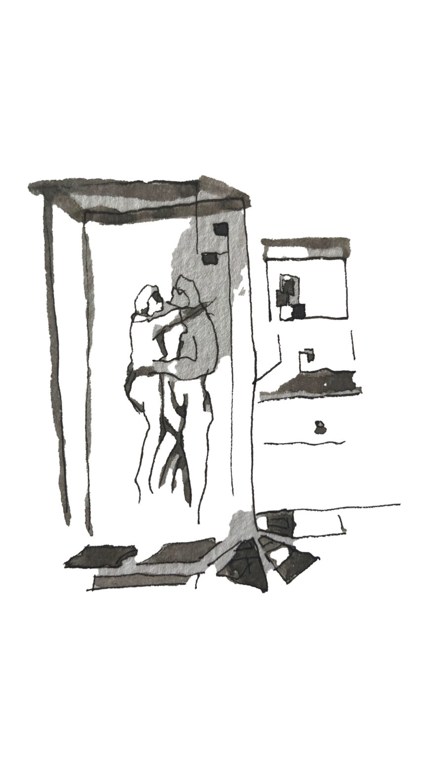 Croquis en noir et blanc, présentant un couple dans leur douche. Ils se prennent dans les bras.