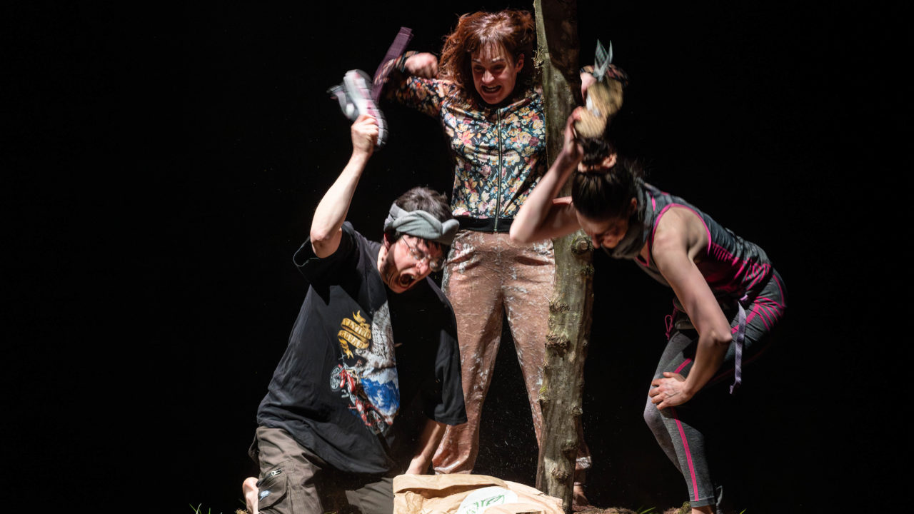 Trois acteurs et actrices (Muriel Legrand, Sophie Linsmaux et Aurelio Mergola) sont placés autour d'un arbre esseulé et en mauvais état. Ils frappent sur un sac.