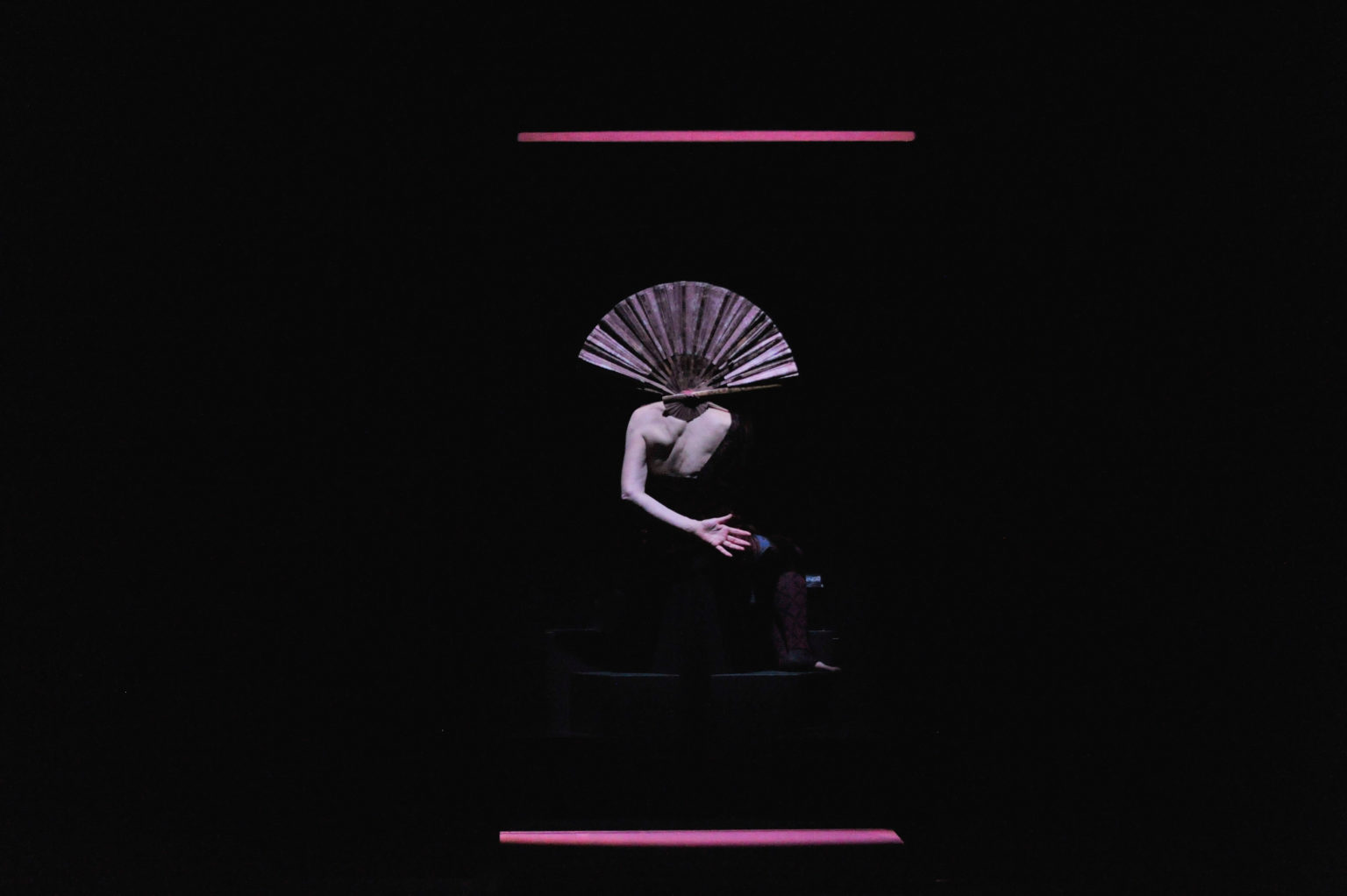 Un danseur se tient de dos, debout dans l'ombre, avec la main derrière le dos. Un éventail cache l'arrière de sa tête.