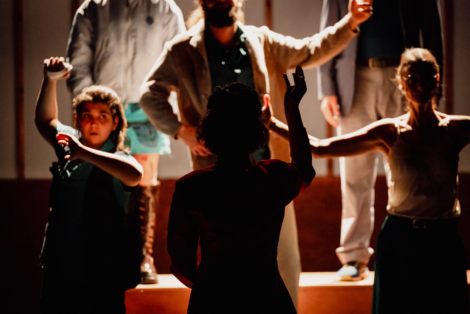 Sur une petite estrade, la chorale composée de cinq chanteurs répète. Ils prennent tous des poses étranges, type statues. Devant eux, de dos et dans l'ombre, se trouve la cheffe de choeur, sa main droite levée.