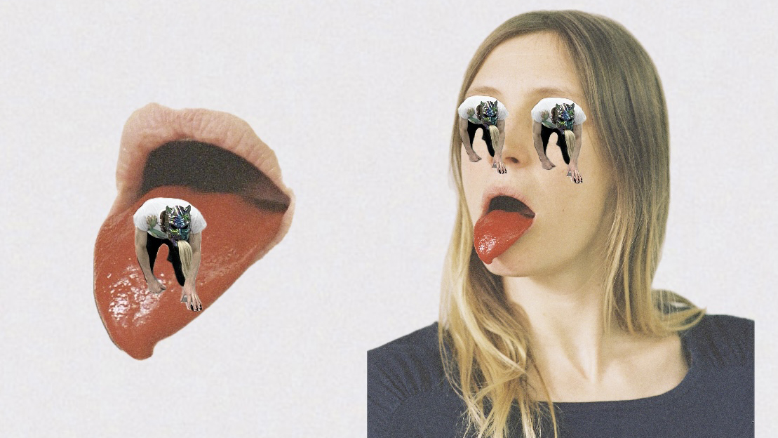 Montage photo où l'on voit Lucie Debay qui tire une langue épaisse et bien rouge. Ses yeux sont remplacés un personnage masqué à 4 pattes.