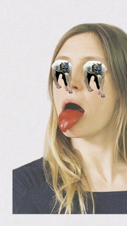 Montage photo où l'on voit Lucie Debay qui tire une langue épaisse et bien rouge. Ses yeux sont remplacés un personnage masqué à 4 pattes.