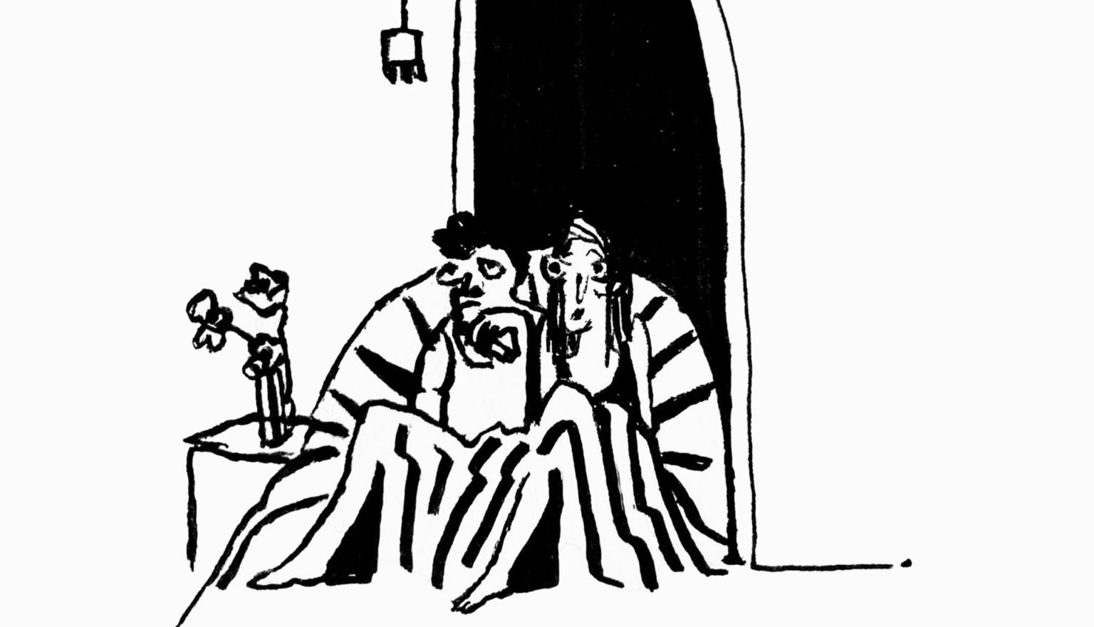 Illustration en noir et blanc représentant un couple assis côte à côte dans un lit.