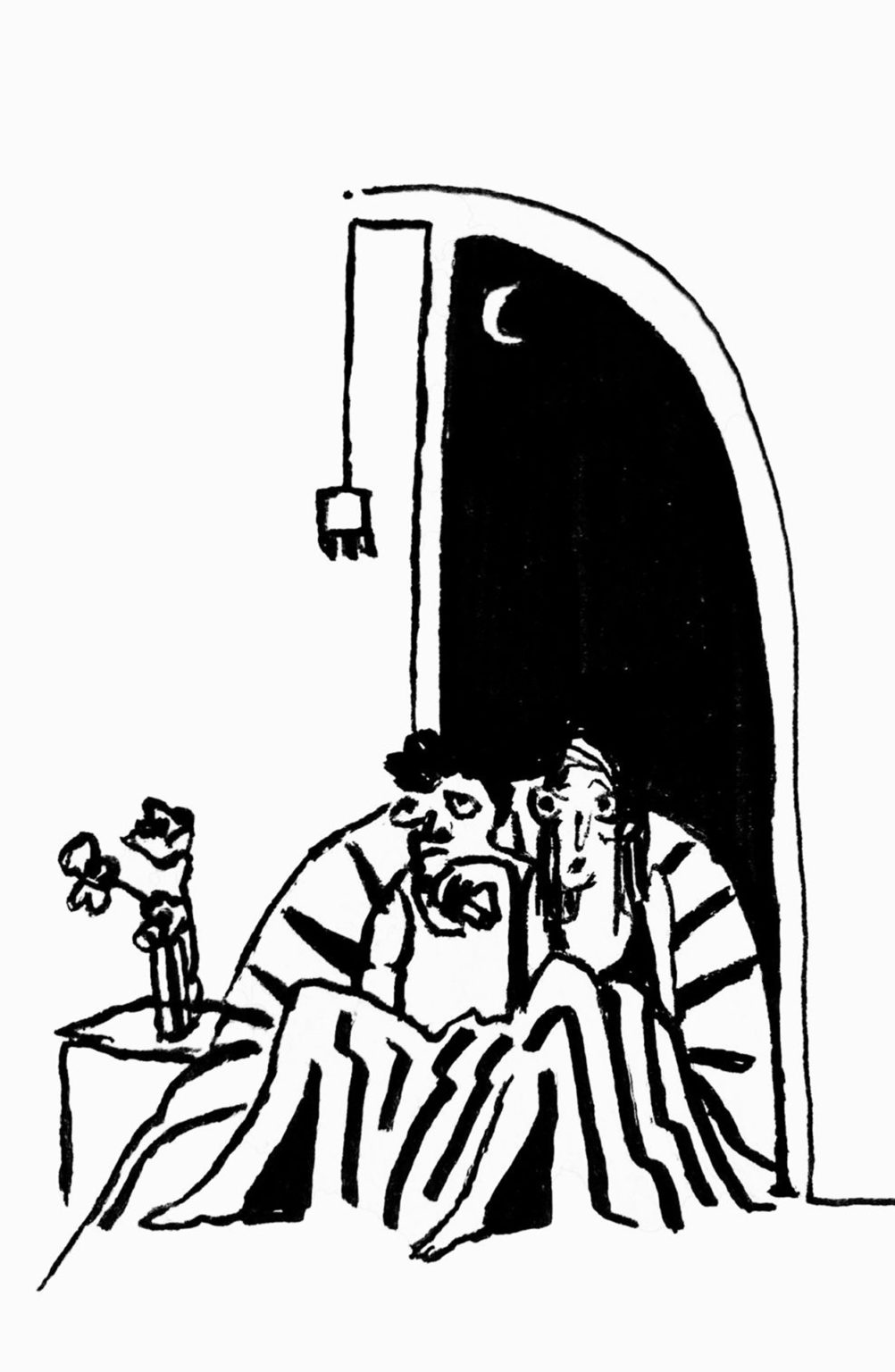 Illustration en noir et blanc représentant un couple assis côte à côte dans un lit.