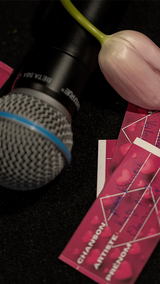 Sur un support noir, plusieurs cartes rouges comprenant le nom de chansons sont éparpillées. Par dessus les cartes, se trouvent un micro et une fleure rosée.