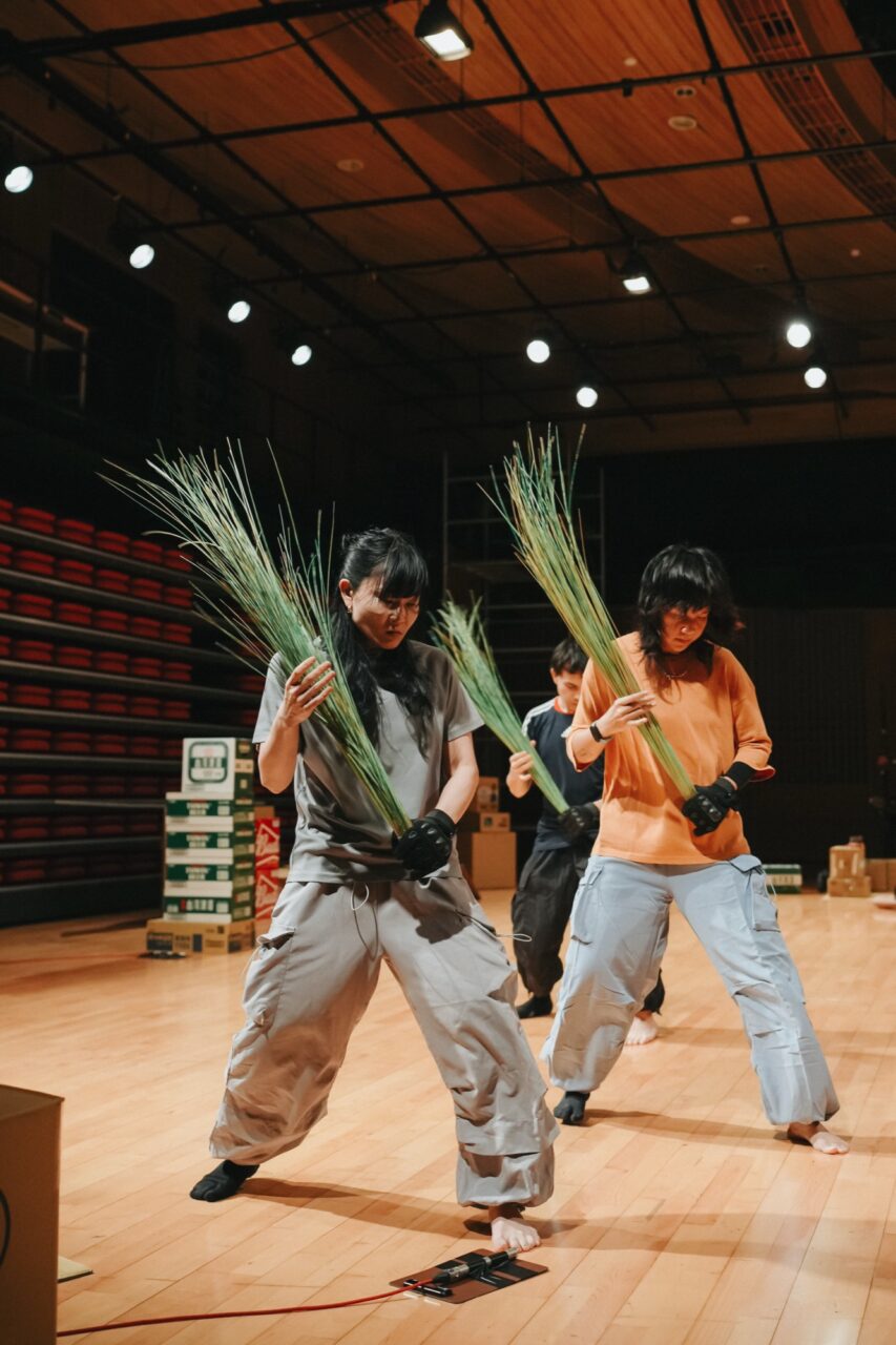 Trois danseurs en scène sont dans la même position, debout, en quinconce, et portent à la main une plante type roseaux.