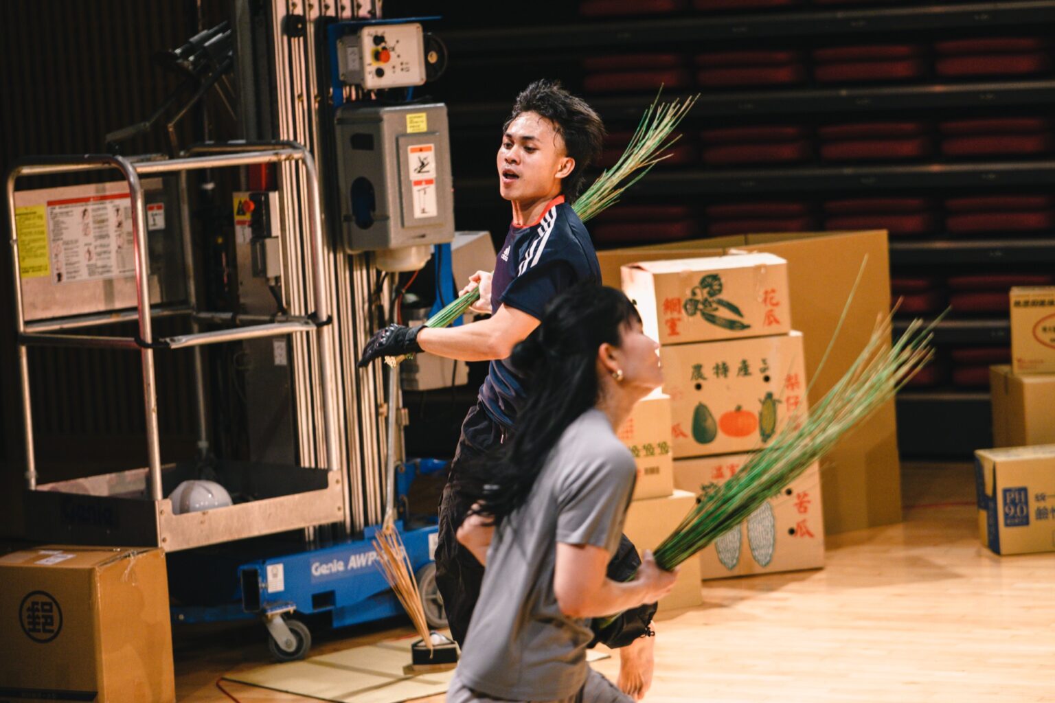 Deux danseurs se croisent et portent à la main une plante type roseaux.