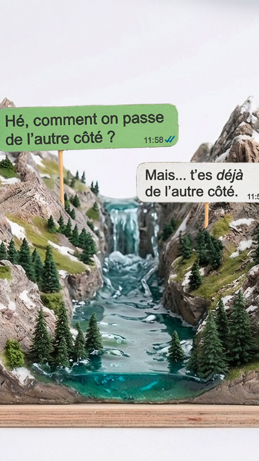 Maquette représentant un paysage montagneux en miniature, avec deux falaises séparées par une rivière et une cascade. Des chalets sont installés de chaque côté. Deux personnages miniatures se tiennent face à face sur les hauteurs. Des bulles de message contenant du texte apparaissent au-dessus d’eux et disent "Hé, comment on passe de l'autre côté ?" et "Mais... t'es déjà de l'autre côté"