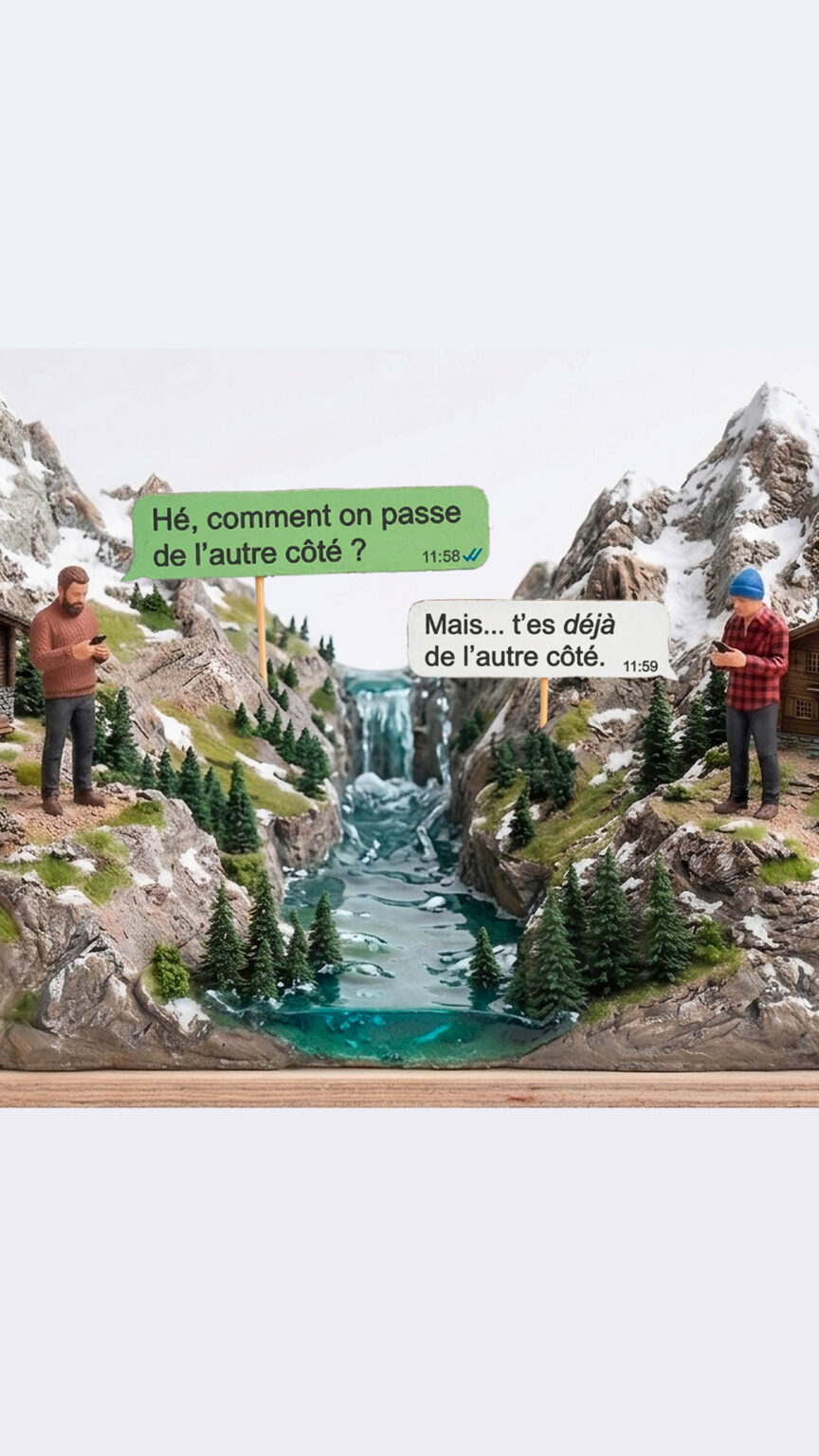 Maquette représentant un paysage montagneux en miniature, avec deux falaises séparées par une rivière et une cascade. Des chalets sont installés de chaque côté. Deux personnages miniatures se tiennent face à face sur les hauteurs. Des bulles de message contenant du texte apparaissent au-dessus d’eux et disent "Hé, comment on passe de l'autre côté ?" et "Mais... t'es déjà de l'autre côté"