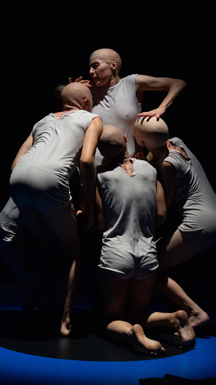Une danseuse est debout, face au public. Face à elles, quatre danseurs qui la touchent. Elle tente de les repousser. Ils portent tous une robe blanche.